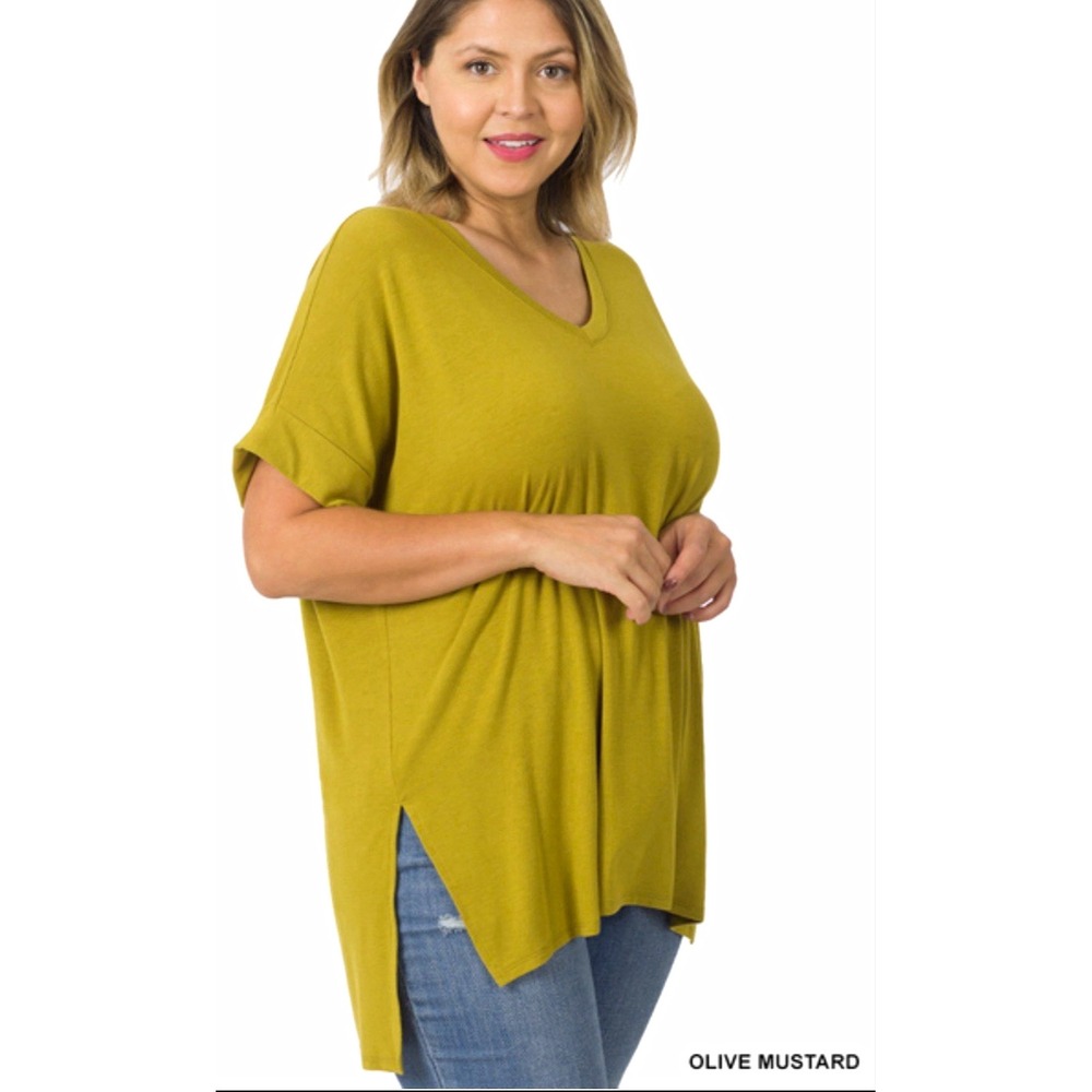 Zenan Women's Olive Mustard Solid V-Neck Short Sleeve Hi-Low Tunic Tee XL